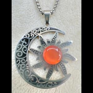 Elegant Crescent Moon Sun Pendant Necklace with Carnelian Stone